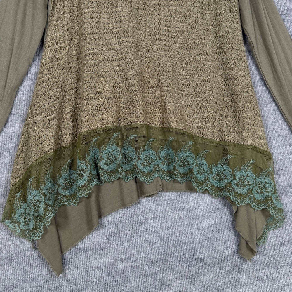 Suzanne Betro Size-L Tunic Top Olive Green Lace Trim Sharkbite Long Sleeve - Picture 10 of 10
